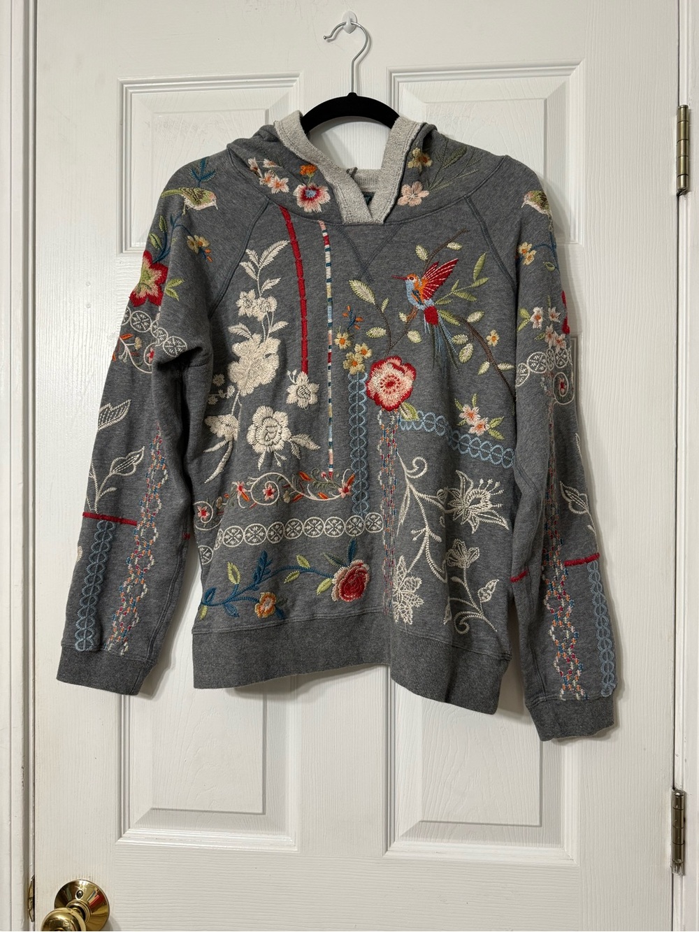 Johnny Was Gray Embroidered Hummingbird Floral Hoodie Sweatshirt Boho HTF - Picture 2 of 6